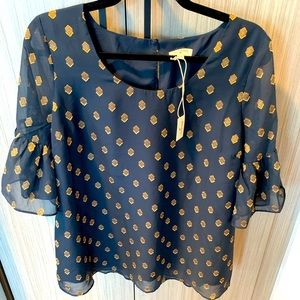 World Market - Unique See through Sleeves - Gold and Navy Blouse - NWT